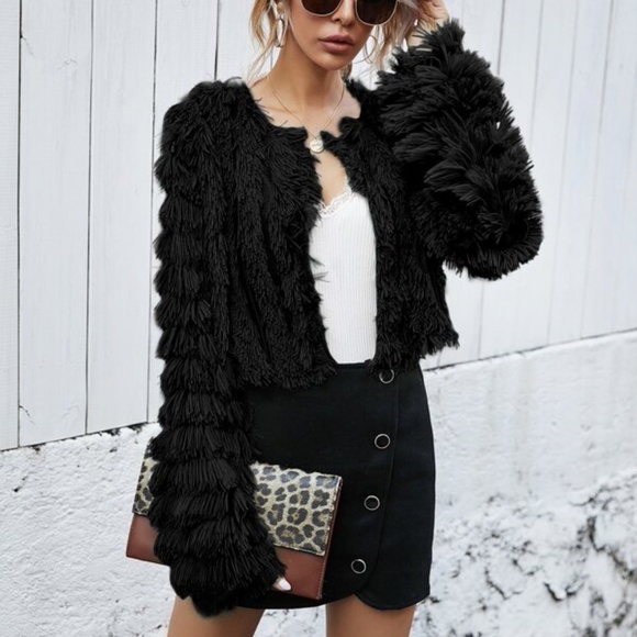 Taupe Open Front Fuzzy Vegan Fur Jacket Coat Party - Picture 2 of 8